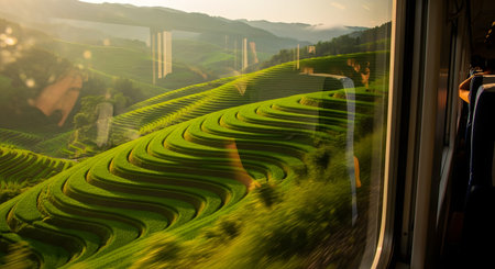 Looking out from a moving train window, a stunning view of vibrant green, terraced rice paddies unfolds across a mountainous landscape at sunrise. The reflection of the passenger and the morning light on the glass adds a sense of travel and wonder to the scenic view.の素材