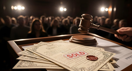 An auctioneer's hand brings a wooden gavel down towards documents marked with a red "SOLD" stamp. The scene takes place in a crowded auction house with the audience blurred in the background, focusing on the moment of sale. This image represents concepts of bidding, sales, legal proceedings, and final decisions.の素材