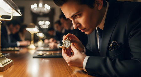 A dapper young man in a dark suit intently inspects a vintage gold pocket watch with a focused expression. He is sitting at a wooden desk in a luxurious, dimly lit room, possibly an auction house or a high-end antique shop. The scene conveys a sense of precision, value, and appreciation for classic craftsmanship.の素材