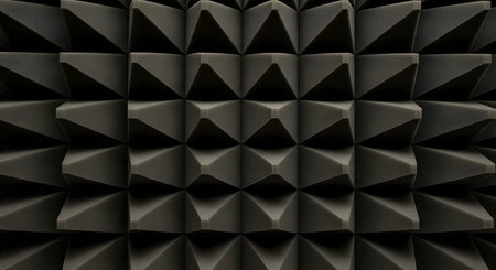 A close-up, top-down view of dark gray acoustic foam panels, creating a geometric, abstract background. The repeating pyramidal or wedge shapes are designed for sound absorption and are commonly used for soundproofing in recording studios or music rooms. The texture is uniform and creates a modern, technological pattern.の素材