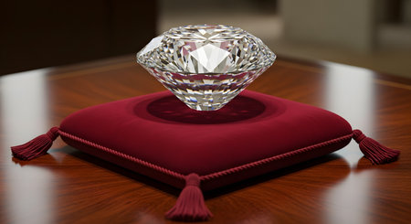 A large, perfectly cut brilliant diamond is displayed floating just above a luxurious red velvet cushion with tassels. The gemstone sparkles brightly, reflecting light from its many facets. This image symbolizes luxury, wealth, perfection, value, and precious jewels.の素材