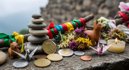 A spiritual or cultural offering is arranged on a stone ledge, featuring a cairn of balanced stones, origami cranes, coins from various countries, and small wooden animal carvings. A lit candle, dried flowers, and colorful ribbons tied to a stick complete the scene of peace and wishes. The image evokes themes of spirituality, tradition, travel, and mindfulness.の素材