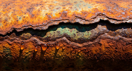 An extreme close-up macro photograph reveals the detailed texture of a heavily rusted metal pipe. Layers of orange and brown rust are flaking off, and small water droplets cling to the corroded surface, highlighting decay, corrosion, and the effects of time and weather.の素材