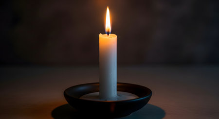 A single white candle stands in a simple black holder, its flame providing a warm, steady glow in an otherwise dark and moody environment. The image evokes a sense of peace, hope, remembrance, meditation, or tranquility.の素材