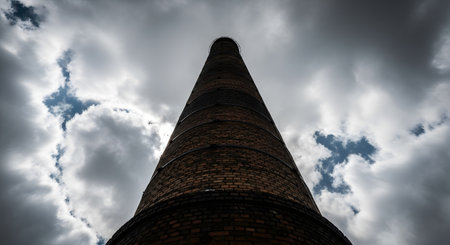 A dramatic low-angle perspective looking up at a tall, old industrial brick smokestack against a moody, overcast sky with dark clouds. The image conveys a sense of history, industry, pollution, or abandonment.の素材