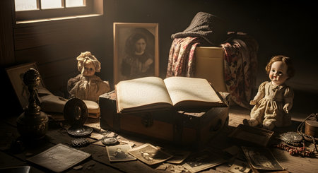 A moody and nostalgic still life in a dusty attic, illuminated by a single beam of light from a window. An old, open book rests on a vintage trunk, surrounded by scattered antique photographs, creepy porcelain dolls, and other forgotten treasures, evoking themes of memory, history, and the past.の素材
