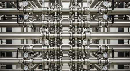 A complex and symmetrical network of shiny stainless steel pipes, valves, and pressure gauges in a modern industrial facility. The intricate system represents precision engineering, manufacturing processes, and the infrastructure of a brewery, dairy, or pharmaceutical plant.の素材