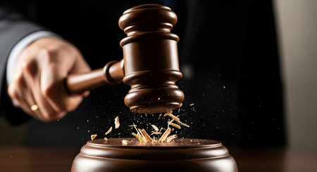 A dramatic close-up shows a judge's gavel forcefully striking its sound block, causing small wood splinters to explode on impact. The powerful action, performed by a person in a suit, symbolizes a final verdict, a decisive judgment, or authority. The scene is dynamic and impactful, conveying concepts of law, justice, and finality.の素材