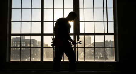 A powerful silhouette of a construction worker or handyman standing in front of a large, multi-paned window. He is holding a wrench and has a tool belt, with the cityscape visible in the background. The strong backlighting creates a dramatic and anonymous portrait of a blue-collar worker.の素材
