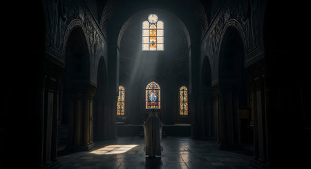 A solitary figure in white robes stands in the center of a grand, dark cathedral with gothic arches. A dramatic beam of divine light shines down from a high stained-glass window, illuminating the person and creating an atmosphere of faith, solitude, and spirituality.の素材