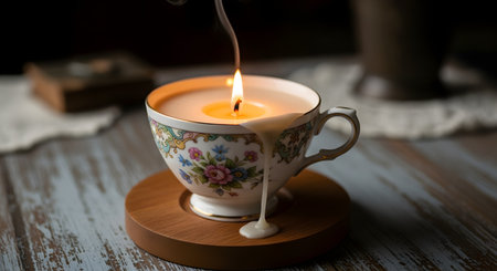 A beautifully lit handmade candle is set inside a vintage porcelain teacup with a delicate floral pattern. A stream of melted wax drips elegantly down the side of the cup, which rests on a wooden coaster. The cozy and rustic scene evokes feelings of warmth, comfort, and hygge.の素材