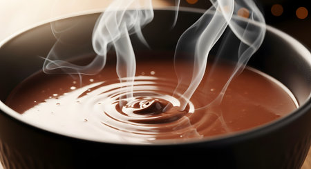 A close-up of a dark bowl filled with rich, hot chocolate, with delicate wisps of steam rising from the surface. A small drip has created concentric ripples in the smooth, liquid chocolate, evoking a sense of warmth, comfort, and indulgence.の素材
