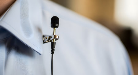 A close-up shot of a small lavalier microphone clipped onto the collar of a light blue button-down shirt. This type of microphone is commonly used for interviews, presentations, broadcasting, and filmmaking to capture clear audio.の素材