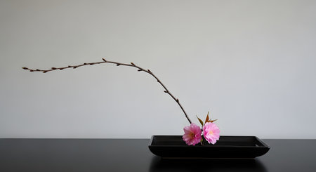 A serene and minimalist Ikebana, the Japanese art of flower arranging, featuring a single arching branch with two pink blossoms. The arrangement is set in a low black rectangular vase on a dark surface against a plain off-white background, embodying zen principles.の素材