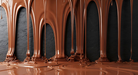 Thick, glossy streams of melted milk chocolate drip down a dark, textured slate wall, pooling at the bottom in a decadent display. This abstract food background evokes richness, indulgence, and the delicious flow of liquid chocolate.の素材