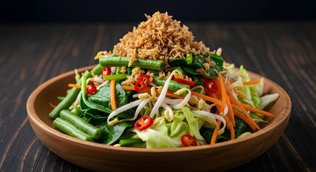 A delicious and healthy Indonesian salad called Urap is served in a rustic wooden bowl on a dark wood table. The salad consists of a mix of blanched vegetables including long beans, spinach, bean sprouts, and cabbage, topped with spiced grated coconut (serundeng) and fresh chili slices.の素材