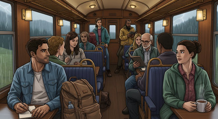 A detailed illustration in a graphic novel style depicts a diverse group of passengers inside a cozy, vintage-style train car. People are reading, talking, and looking out the window as rain falls outside, creating a narrative and atmospheric scene. The image evokes feelings of travel, storytelling, community, and introspection.の素材