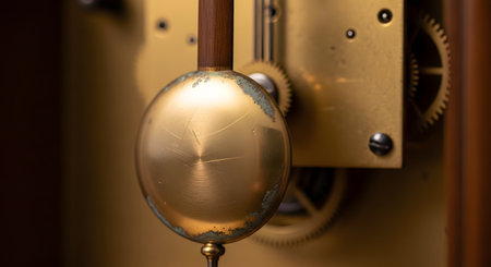 A macro shot focuses on a tarnished brass pendulum of an antique grandfather clock, showing scratches and patina from age. In the blurred background, the intricate golden gear mechanism of the clock is visible, symbolizing the passage of time and mechanical precision.の素材