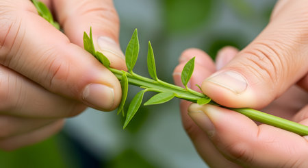 A close-up macro view of a gardener's hands carefully performing a plant graft. A small branch (scion) is being skillfully inserted into the stem of another plant (rootstock). This horticultural technique represents growth, propagation, skill, and new beginnings in agriculture.の素材