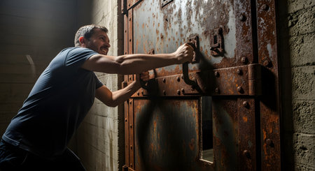A man strains with all his might, pulling on the handle of a massive, heavy, and rusted iron vault door in a concrete bunker. The scene depicts a great struggle, confinement, escape, or the challenge of uncovering a secret.の素材
