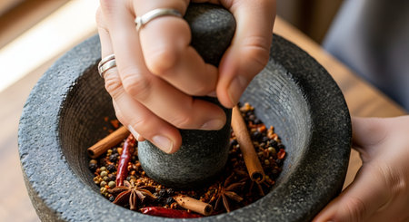 A close-up of a person's hands using a stone pestle to grind a fragrant mixture of whole spices in a mortar. The blend includes star anise, cinnamon, and peppercorns, symbolizing fresh ingredients, authentic cooking, and culinary preparation.の素材