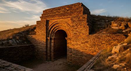 The ancient brick ruins of a grand arched gateway stand on a grassy hill, bathed in the warm, golden light of sunset. The deteriorating structure showcases historical architecture and the passage of time. The scene evokes a sense of history, archaeology, and ancient civilizations.の素材