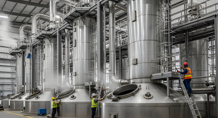 Workers in safety gear inspect massive, steaming stainless steel vats inside an industrial processing plant. The scene showcases large-scale manufacturing, production, and engineering, possibly at a brewery, distillery, or chemical factory.の素材