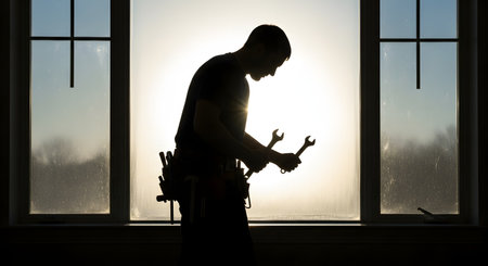 A silhouette of a construction worker or handyman standing indoors in front of a large, bright window. He is equipped with a tool belt and is holding wrenches, ready for work. The image conveys themes of manual labor, skilled trades, home renovation, and repair services.の素材