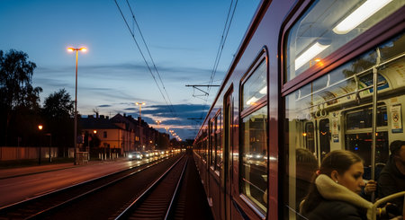 A view from the side of a moving train or tram during the twilight hours. The windows reflect the interior lights and passengers, while outside, the city lights begin to glow along the tracks and street. The scene captures the mood of an evening commute, public transport, and urban travel.の素材