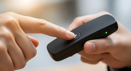 One person's hand passes a black wireless presentation clicker to another person, whose finger is about to press the 'next slide' button. This symbolizes the start of a presentation, collaboration, or the handover of control in a business setting.の素材