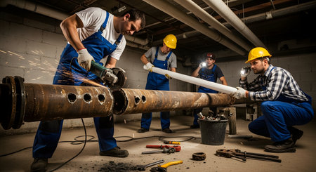 A team of four industrial workers in overalls and hard hats collaborates on repairing a large, corroded pipe in a dimly lit basement. One worker uses an angle grinder, creating a shower of sparks, while others prepare a new section, showcasing teamwork and manual labor.の素材