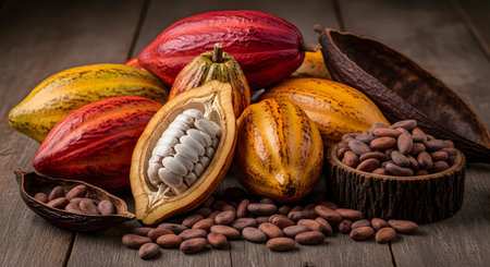 A rustic still life arrangement of raw cacao on a wooden table, showcasing the source of chocolate. The image features colorful whole cocoa pods, one pod split open to reveal the fresh beans in their white pulp, and a bowl of dried, roasted beans.の素材