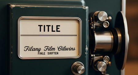 A close-up of a vintage film projector with a blank title card ready for custom text. The retro design and muted colors evoke a sense of nostalgia for classic cinema and filmmaking. The placeholder text includes the word 'TITLE'.の素材