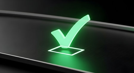 A vibrant, glowing green check mark icon is rendered in 3D, emerging from a checkbox on a dark, futuristic surface. The illuminated symbol represents approval, success, completion, and positive confirmation. This modern graphic is ideal for concepts related to technology, tasks, and validation.の素材