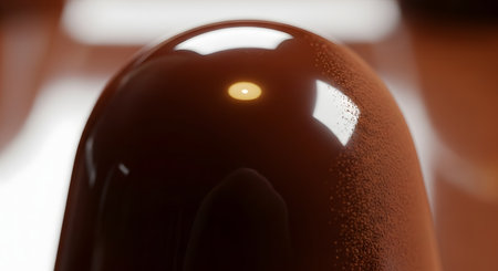 An abstract, artistic macro shot of a gourmet chocolate bonbon with a perfectly smooth, glossy surface that reflects a single point of light. One side is delicately dusted with fine cocoa powder, creating a luxurious and decadent food texture.の素材