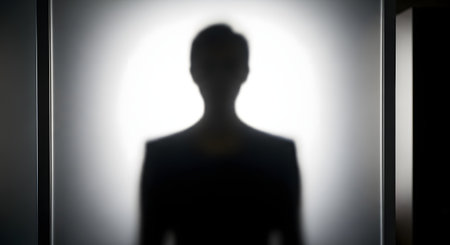 The dark silhouette of an anonymous person is visible through a pane of frosted, textured glass, backlit by a bright light. The indistinct and blurry figure creates a sense of mystery, suspense, and anonymity, suitable for thriller or privacy concepts.の素材