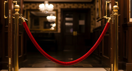 A plush red velvet rope is strung between two polished brass stanchions, creating an elegant barrier at the entrance to a luxurious venue. The blurred background shows a lavishly decorated interior, symbolizing exclusivity, VIP access, and special events.の素材