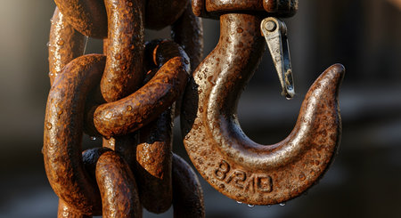 A detailed close-up shot of a large, heavy-duty industrial hook and thick chain covered in rust and water droplets. The weathered, corroded texture suggests immense strength, durability, and use in a marine or heavy construction environment.の素材