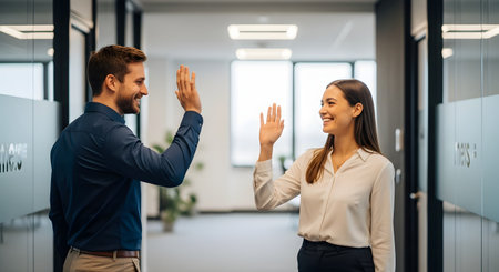 Two smiling colleagues, a man and a woman, give each other a high five in a bright, modern office hallway. This positive interaction represents teamwork, success, celebration, and a good working relationship in a corporate environment.の素材