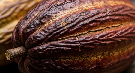 A detailed macro shot of a ripe, dark brown cacao pod, showcasing the deep grooves and cracked texture of its husk. The rich, earthy colors suggest its use in making chocolate. This image represents raw ingredients, agriculture, and the source of cocoa.の素材