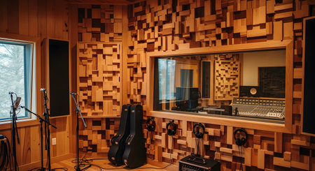 Interior of a high-end music recording studio featuring walls covered with custom wooden acoustic diffuser panels for optimal sound quality. The room is equipped with professional microphones, guitars, and has a window looking into the control room with a mixing console.の素材