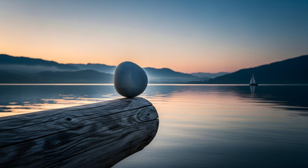A smooth, grey stone is perfectly balanced on the edge of a weathered wooden log overlooking a tranquil lake at sunset. The calm water reflects the soft colors of the sky, and misty mountains rise in the background, creating a serene scene of balance, harmony, and meditation.の素材