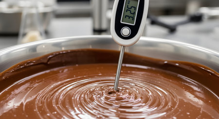 A digital food thermometer is submerged in a stainless steel bowl of smooth, melted chocolate, displaying a precise temperature reading. The process shown is tempering chocolate, a crucial step in confectionery for achieving the perfect texture and shine. This image represents precision, baking, patisserie, and culinary science.の素材