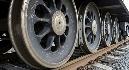 A low-angle, close-up shot of the heavy, weathered, cast-iron wheels of a freight train car on a rusty railway track. The industrial image emphasizes the power, weight, and mechanical nature of rail transportation.の素材
