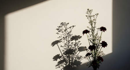 A bouquet of dark red flowers stands against a plain off-white wall, with bright sunlight casting a stark, dramatic shadow of the arrangement. This minimalist and artistic composition highlights the beautiful interplay of light, shadow, and simple forms.の素材
