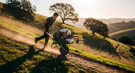 A strong man engages in hard manual labor, pushing a heavy wheelbarrow filled with rocks and tools up a steep, dusty path in a sunny, rural landscape. The image depicts physical effort, determination, and construction or landscaping work.の素材