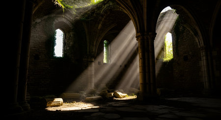 Dramatic beams of sunlight, known as 'God rays,' stream through the arched windows of a ruined medieval Gothic church or abbey. The light illuminates dust motes and the rubble-strewn stone floor of the dark, overgrown interior. The powerful image evokes feelings of hope, spirituality, history, and forgotten beauty.の素材