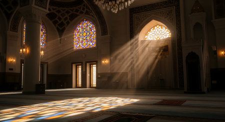 Stunning beams of sunlight stream through ornate stained-glass windows into the grand, peaceful interior of a mosque. The light creates beautiful, colorful patterns on the prayer carpets, evoking a sense of serenity, faith, and spiritual tranquility.の素材