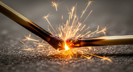 A dramatic macro shot captures the exact moment two match heads touch and ignite, creating a brilliant burst of fire and sparks against a dark, textured background. The image powerfully symbolizes concepts like conflict, connection, passion, ignition, or the start of an idea. The dynamic energy is frozen in time.の素材