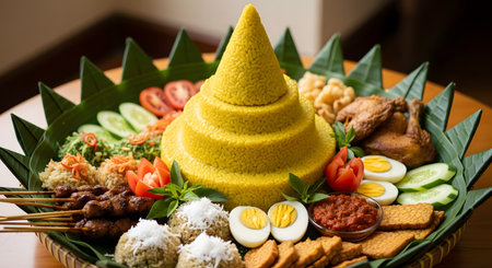 A traditional Indonesian Nasi Tumpeng, a cone-shaped mound of yellow rice, is presented on a platter lined with banana leaves. It is surrounded by various side dishes, including fried chicken, satay, eggs, and tempeh, for a celebratory feast.の素材